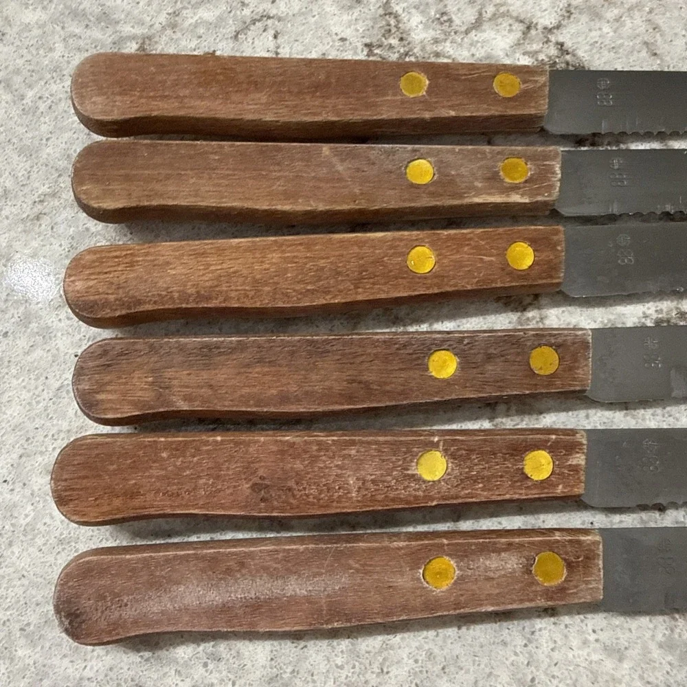 6 Vintage Brand Ware Stainless Steel Steak Knives Wooden Handles Dainty Set